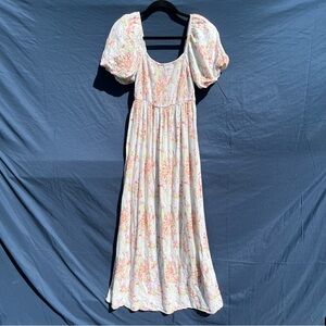 Forever 21 Floral Puff-Sleeve Maxi Dress shirred bodice Cream Pink size medium